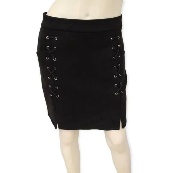 Black Faux Suede Lace Up Mini Skirt XL - Picture 4 of 9